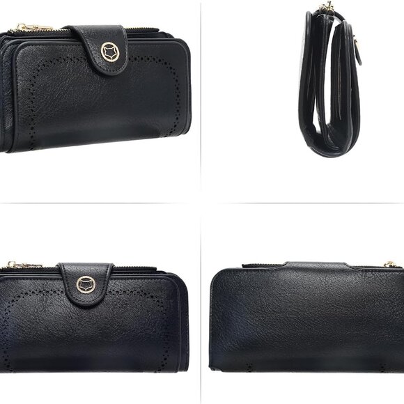 Black women's RFID blocking PU leather trifold wallet with ID window and multipl - Picture 2 of 8